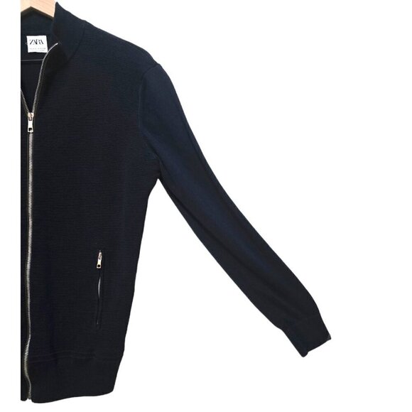Zara Navy Mock Neck Ribbed Knit Long Sleeve Lightweight Zip Jacket Sz M - Picture 4 of 6